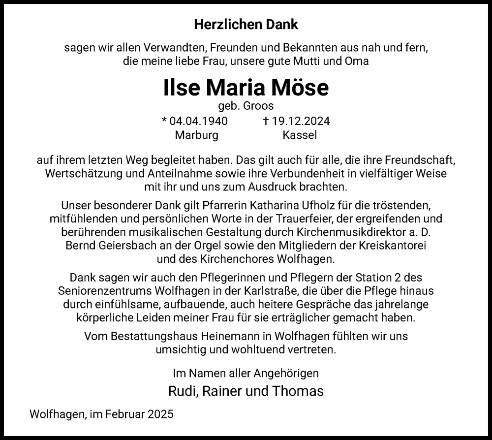 Traueranzeige für Ilse Maria Möse vom 01.02.2025 aus HNA