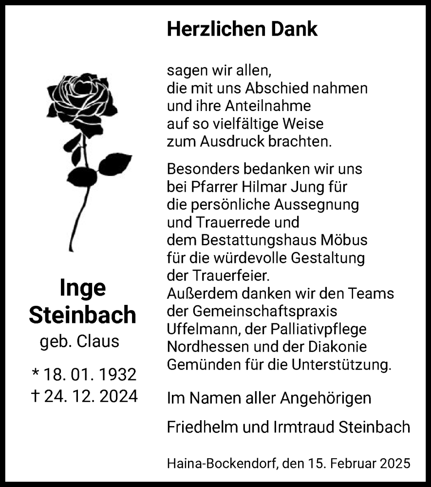  Traueranzeige für Inge Steinbach vom 15.02.2025 aus HNA