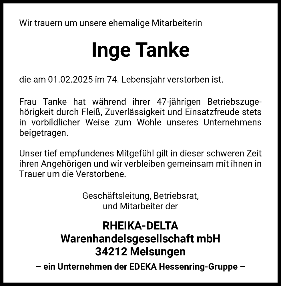  Traueranzeige für Inge Tanke vom 12.02.2025 aus HNA