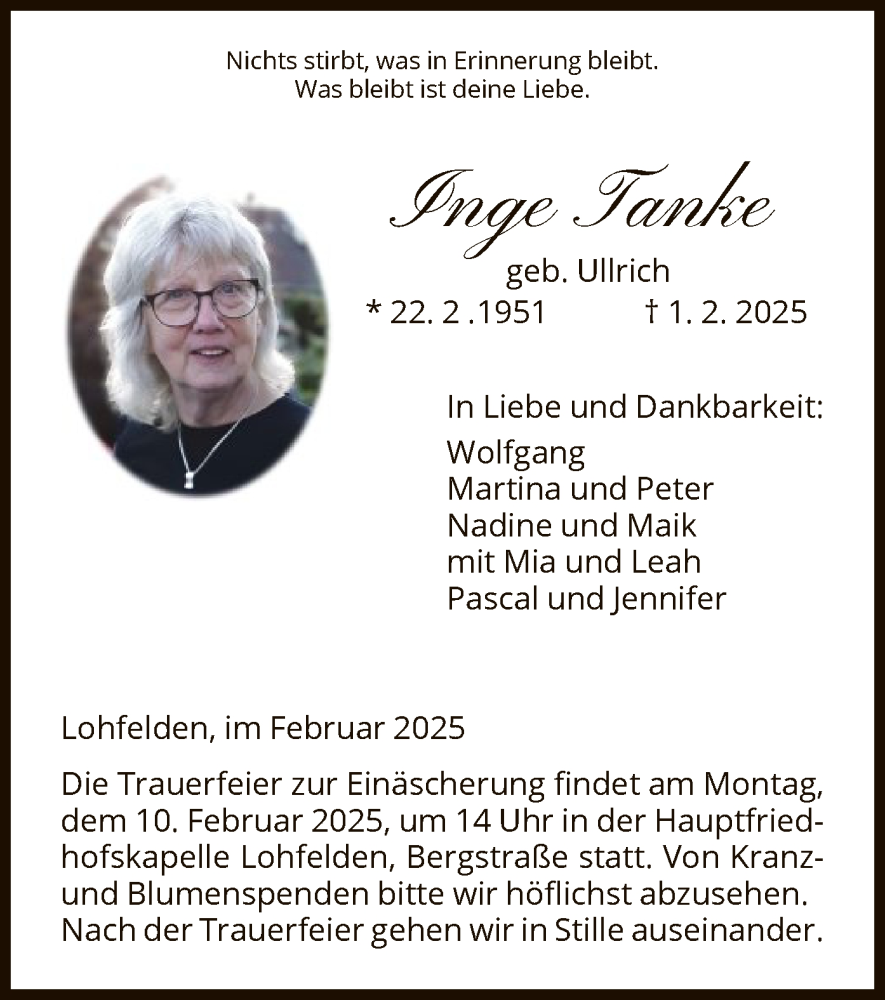  Traueranzeige für Inge Tanke vom 08.02.2025 aus HNA