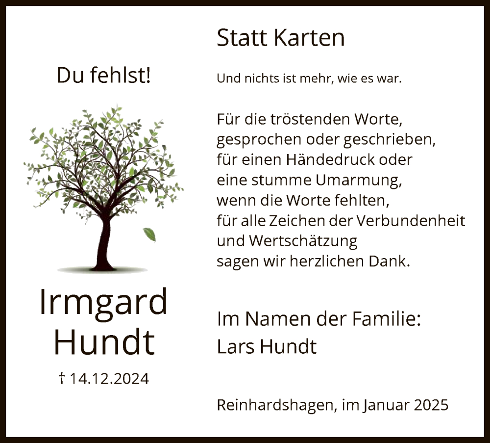  Traueranzeige für Irmgard Hundt vom 01.02.2025 aus HNA