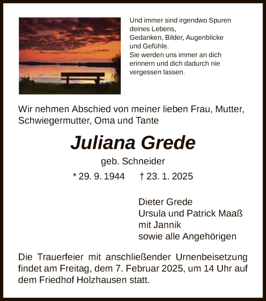 Traueranzeige von Juliana Grede von HNA
