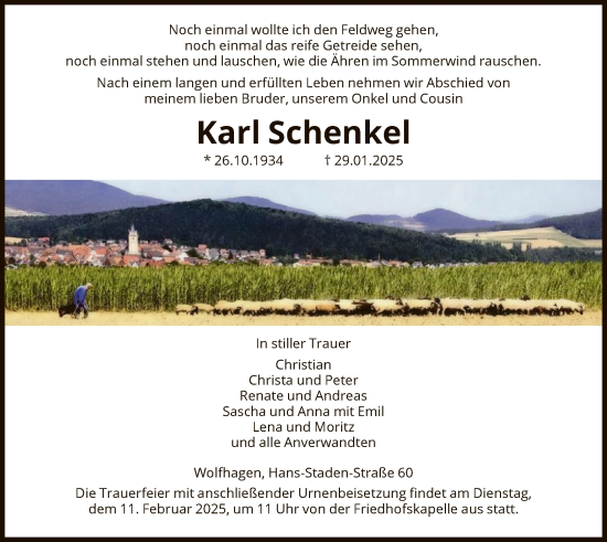 Traueranzeige von Karl Schenkel von HNA