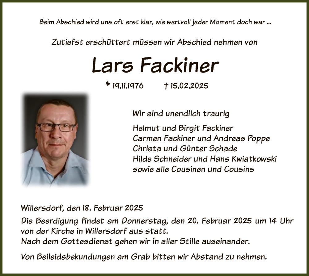  Traueranzeige für Lars Fackiner vom 18.02.2025 aus HNA