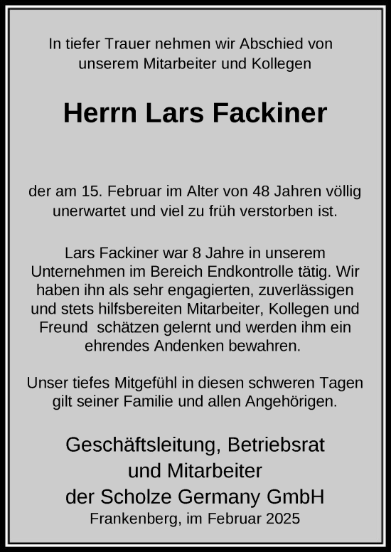 Traueranzeige von Lars Fackiner von HNA