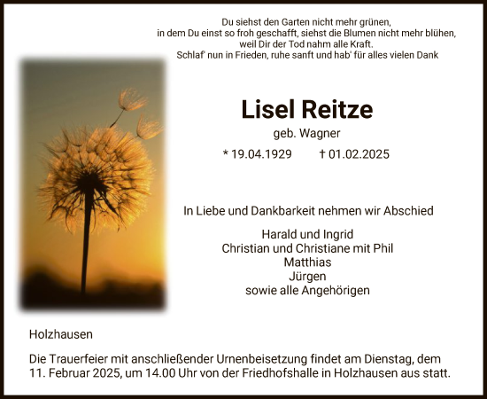 Traueranzeige von Lisel Reitze von HNA