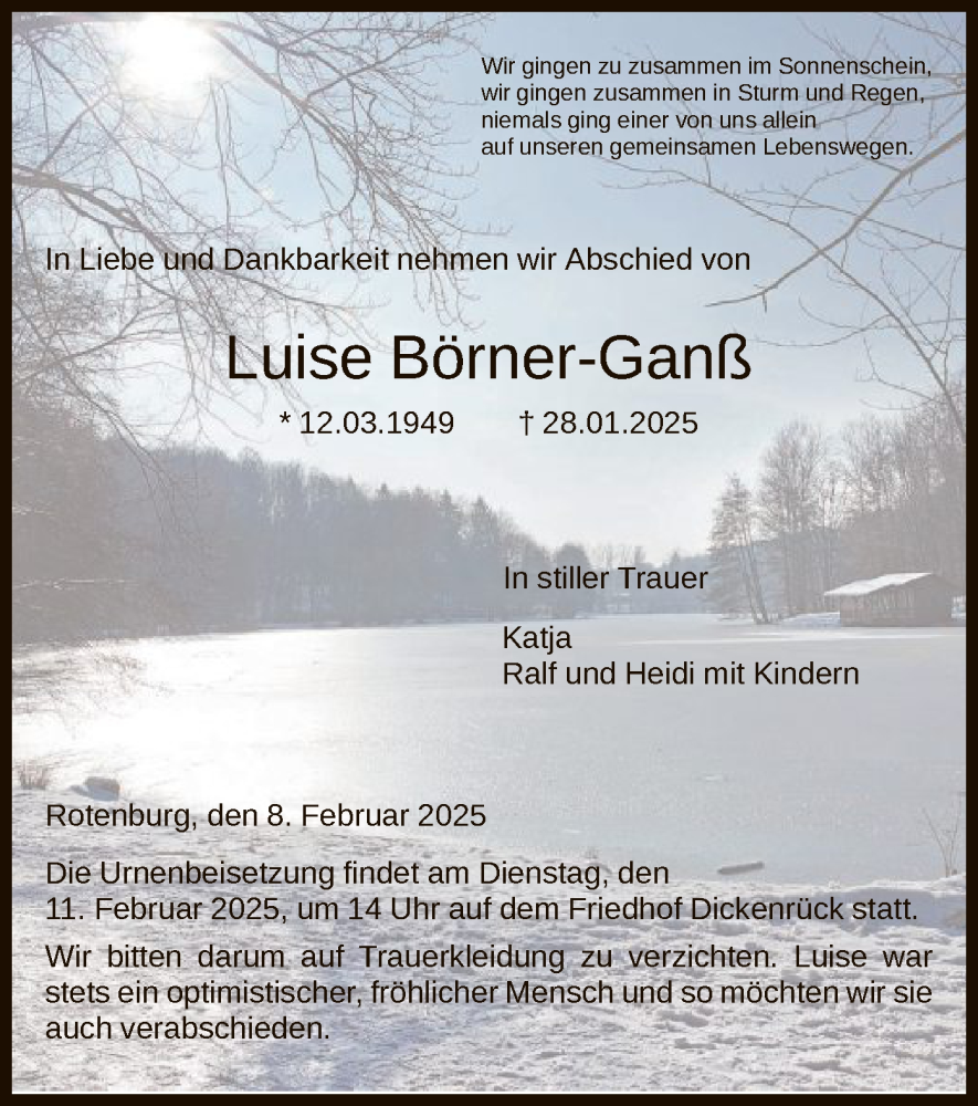  Traueranzeige für Luise Börner-Ganß vom 08.02.2025 aus HNA