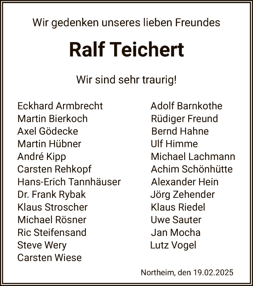  Traueranzeige für Ralf Teichert vom 19.02.2025 aus HNA