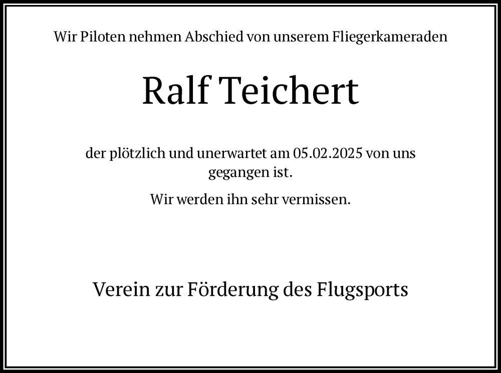  Traueranzeige für Ralf Teichert vom 19.02.2025 aus HNA