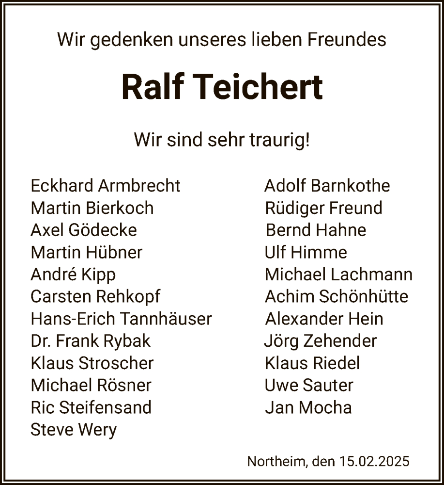  Traueranzeige für Ralf Teichert vom 15.02.2025 aus HNA
