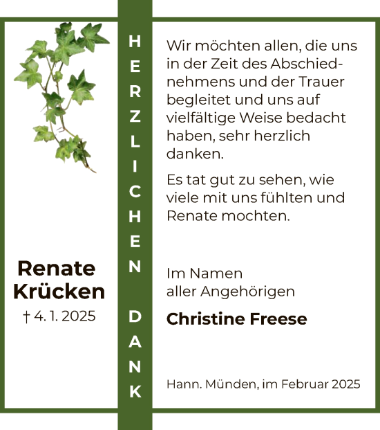 Traueranzeige von Renate Krücken von HNA