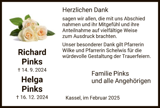 Traueranzeige von Richard und Helga Pinks von HNA