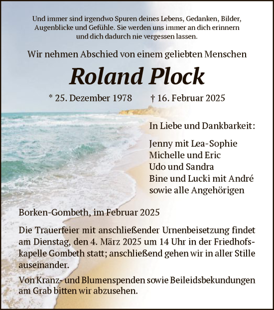 Traueranzeige von Roland Plock von HNA