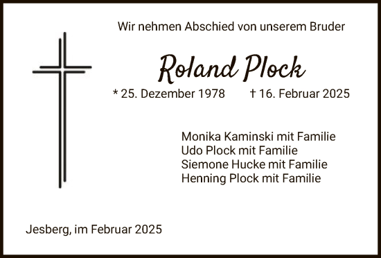 Traueranzeige von Roland Plock von HNA