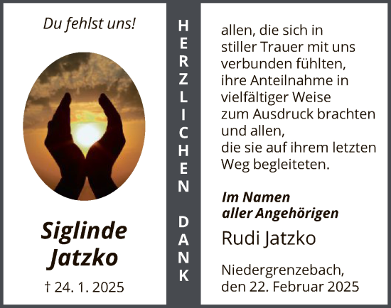 Traueranzeige von Siglinde Jatzko von HNA