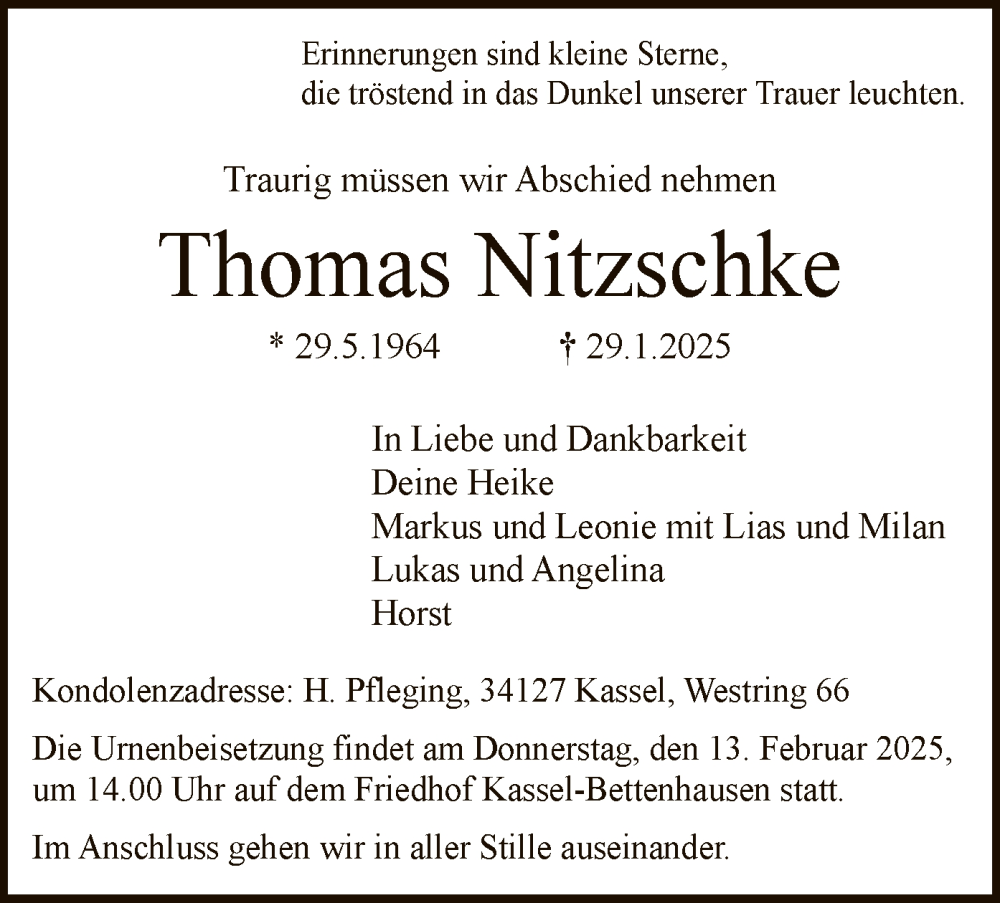  Traueranzeige für Thomas Nitzschke vom 08.02.2025 aus HNA