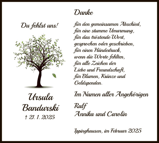 Traueranzeige von Ursel Bandurski von HNA