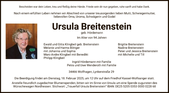 Traueranzeige von Ursula Breitenstein von HNAHNA
