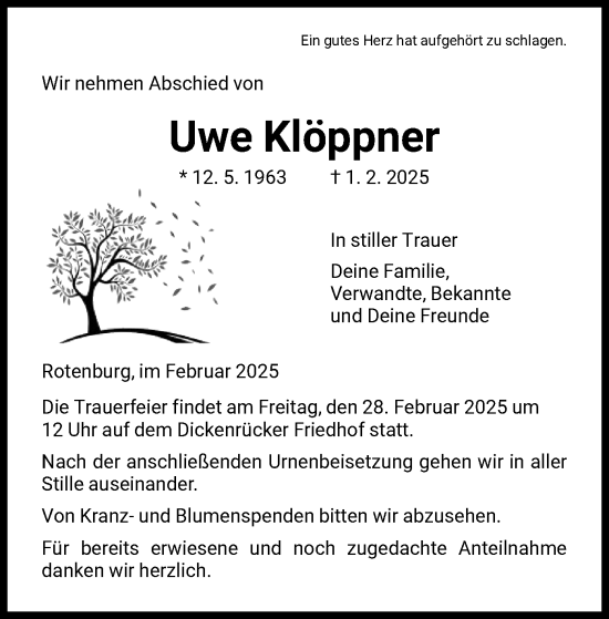 Traueranzeige von Uwe Klöppner von HNA