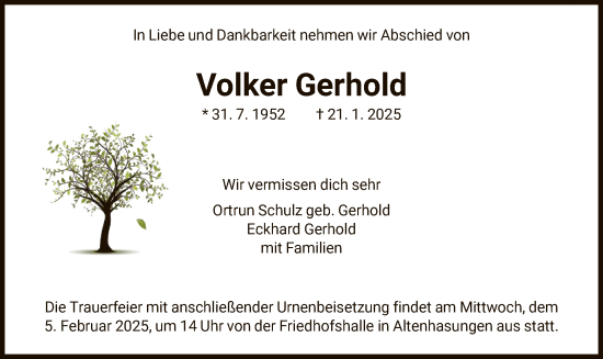 Traueranzeige von Volker Gerhold von HNA