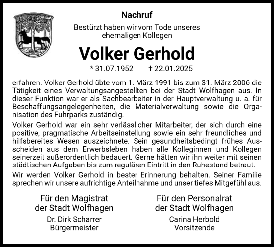 Traueranzeige von Volker Gerhold von HNA