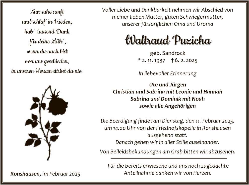  Traueranzeige für Waltraud Puzicha vom 08.02.2025 aus HNA