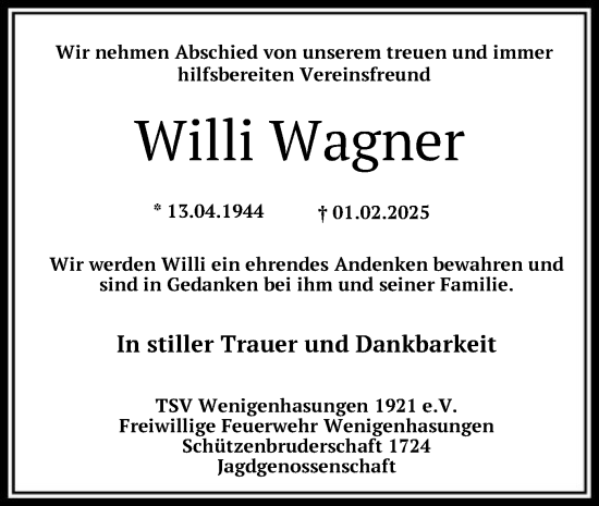 Traueranzeige von Willi Wagner von HNA