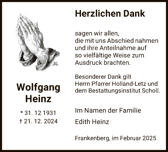 Traueranzeige von Wolfgang Heinz von HNA