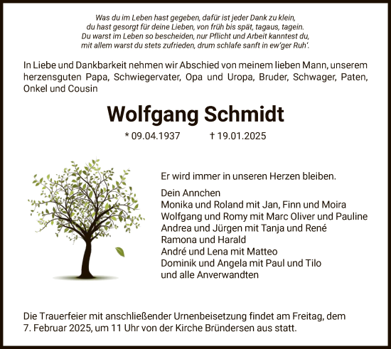 Traueranzeige von Wolfgang Schmidt von HNA