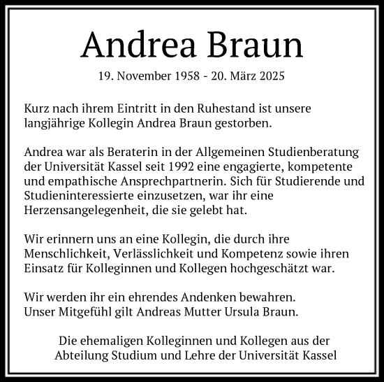 Traueranzeige von Andrea Braun von HNAHNA