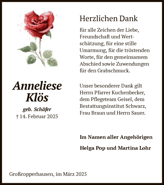 Traueranzeige von Anneliese Klös von HNA