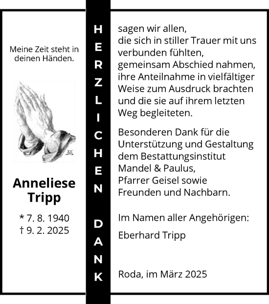 Traueranzeige von Anneliese Tripp von HNA