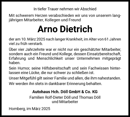 Traueranzeige von Arno Dietrich von HNAHNA