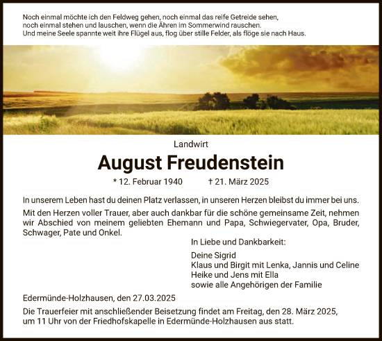 Traueranzeige von August Freudenstein von HNA