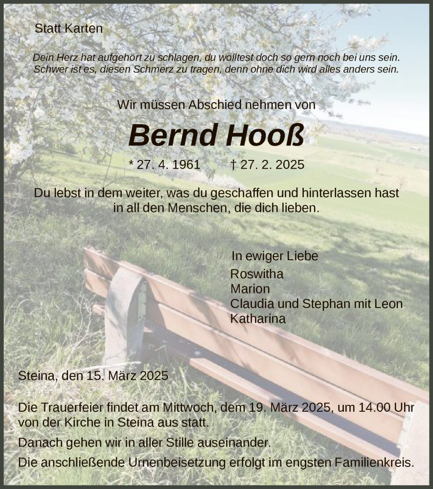  Traueranzeige für Bernd Hooß vom 15.03.2025 aus HNA
