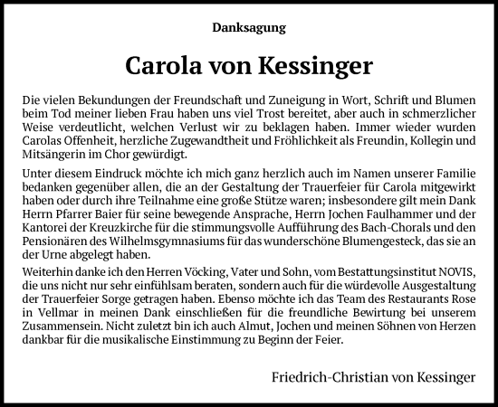 Traueranzeige von Carola von Kessinger von HNA