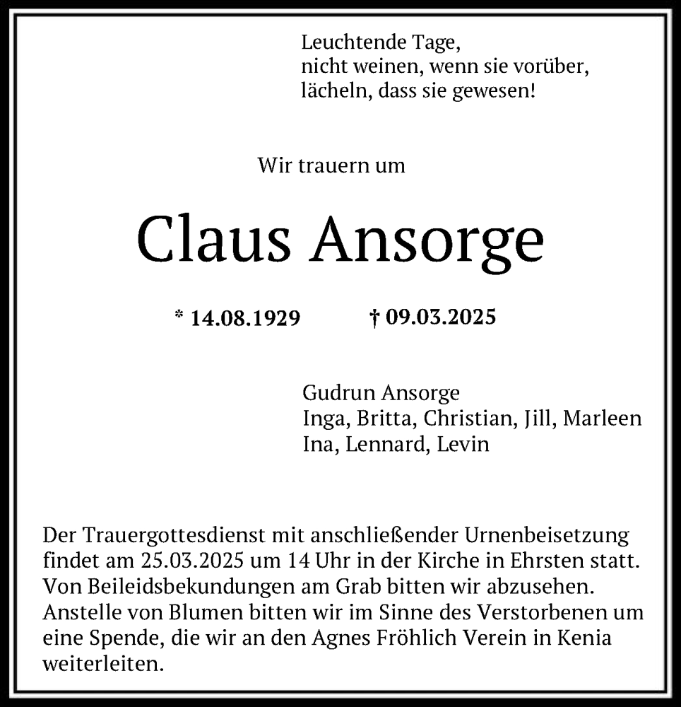 Traueranzeige für Claus Ansorge vom 22.03.2025 aus HNAHNA