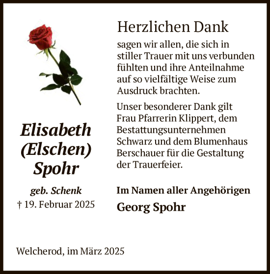 Traueranzeige von Elisabeth Spohr von HNAHNA