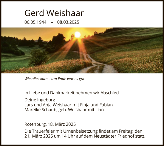 Traueranzeige von Gerd Weishaar von HNA