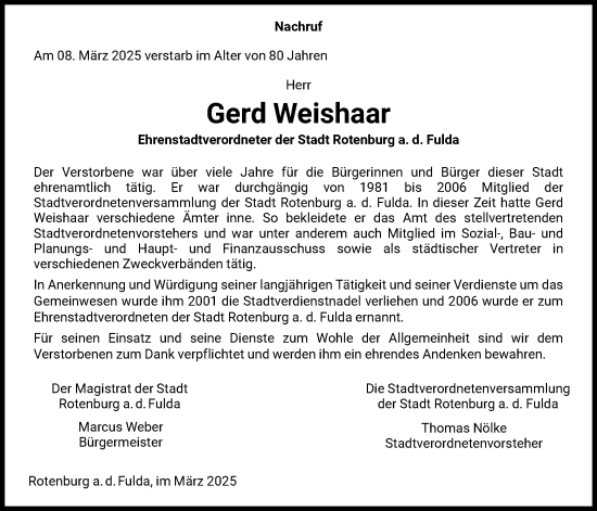 Traueranzeige von Gerd Weishaar von HNA