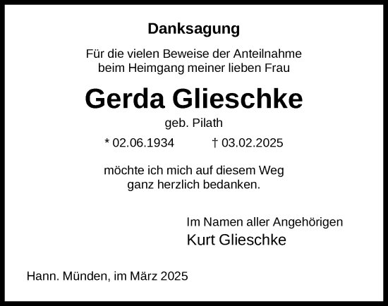 Traueranzeige von Gerda Glieschke von HNA