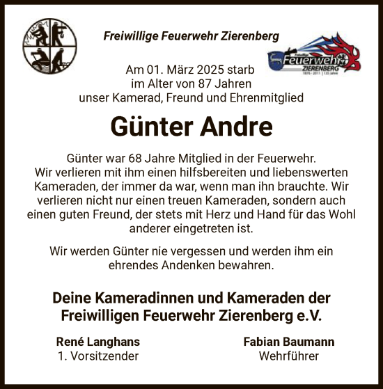 Traueranzeige von Günter André von HNA