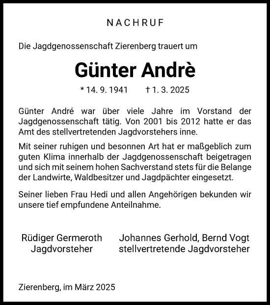 Traueranzeige von Günter André von HNA