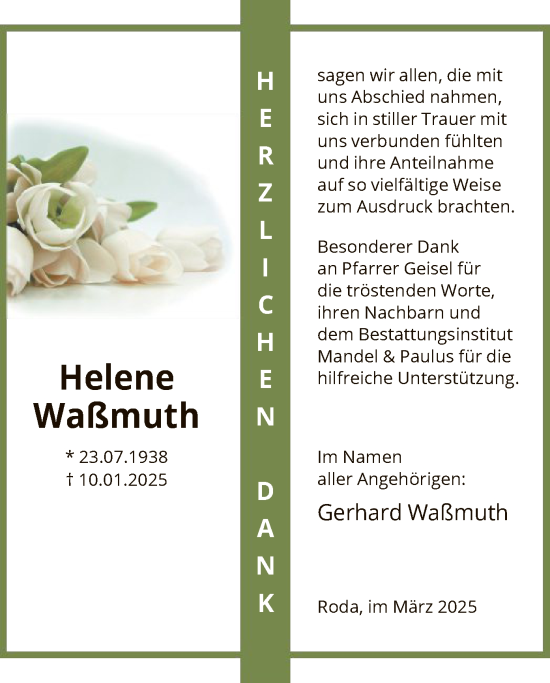 Traueranzeige von Helene Waßmuth von HNA