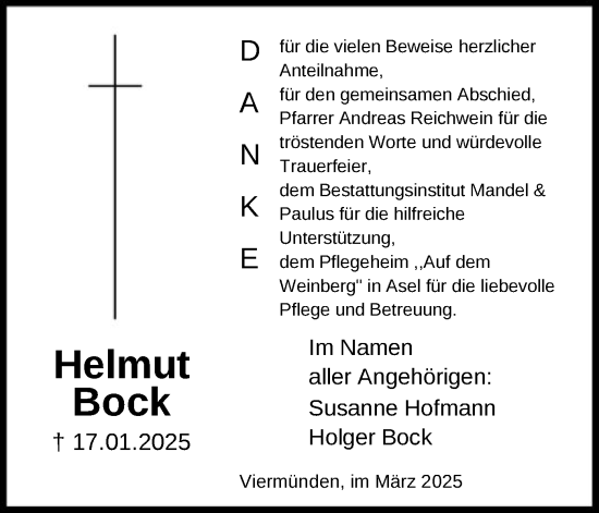 Traueranzeige von Helmut Bock von HNA