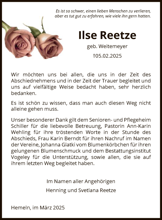 Traueranzeige von Ilse Reetze von HNA
