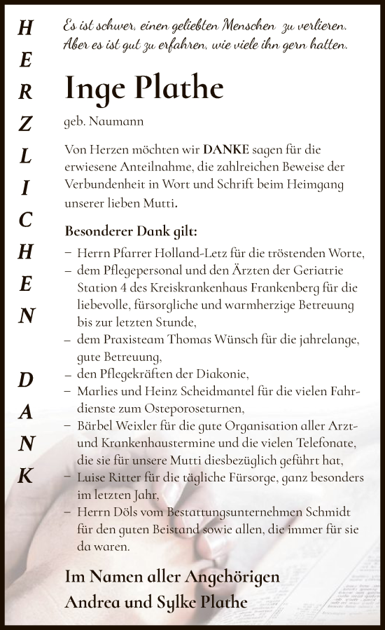 Traueranzeige von Inge Plathe von HNA