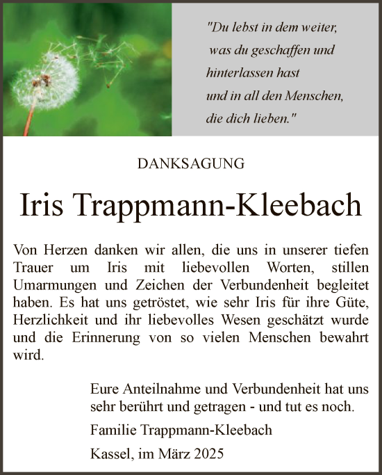 Traueranzeige von Iris Trappmann-Kleebach von HNAHNA