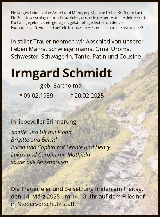 Traueranzeige von Irmgard Schmidt von HNA