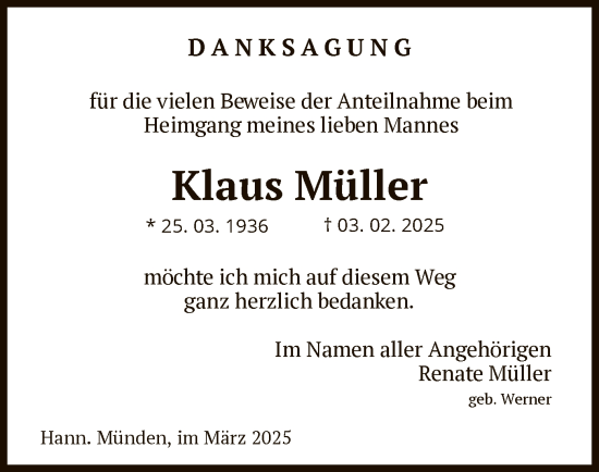Traueranzeige von Klaus Müller von HNA